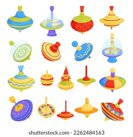 Whirligig toys set. Colorful classic children spinning top toy cartoon vector illustration