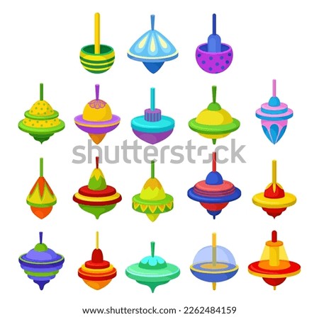 Whirligig toys set. Colorful classic plastic children spinning top toy cartoon vector illustration