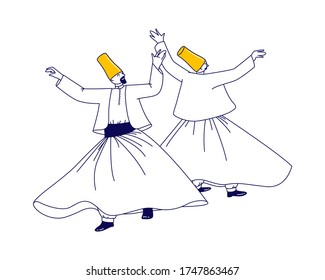 Whirling Dervish Characters in Traditional Outfit Dancing Arab Turkish Dance Isolated on White Background, Holy Month of Muslim Community, Ramadan Kareem Celebration. Linear People Vector Illustration