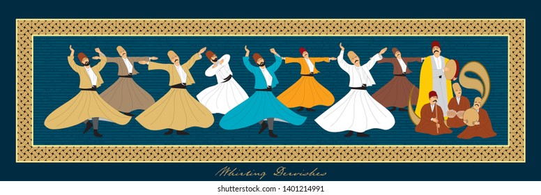 Whirling Dervishes Big vector poster. Symbolic study of Mevlevi mystical dance. This painting represents a movement of this dance. It can be used as wall board, banner, gift card or book separator. 
