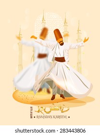 Whirling dervishes performing religious dance on mosque silhouetted background for holy month of prayers Ramadan Kareem celebrations.