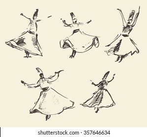 Whirling dervishes, vector illustration, hand drawn, sketch