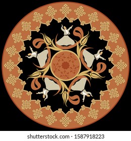 Whirling Dervishes and Wav vector poster. Symbolic study of Mevlevi mystical dance. This painting represents a movement of this dance. It can be used as wall board, banner, gift card. 