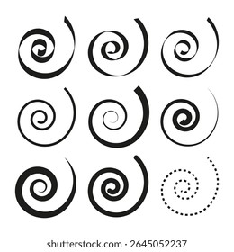 Whirling spiral shape. Twisting circular design. Abstract form vector. Black outline.