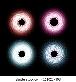 Whirlpool colorful illustration. Fireworks,salute vector icon.Photo emblem.Magic circular logo template. Brigh light swirl.Wheel visual effect. Light whirl movement set on black background.Hurricane