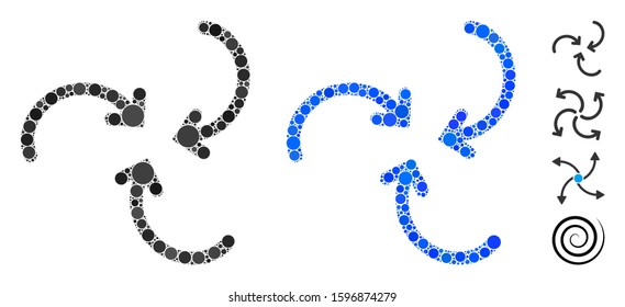 Whirlpool rotation arrows composition of filled circles in variable sizes and shades, based on whirlpool rotation arrows icon. Vector filled circles are grouped into blue illustration.