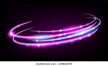 Whirlpool spiral backdrop. Exhibition platform. Glare bright with shining round frame.Neon line circle glitter sparkle trail effect . Vector swirl trail effect luminous rings for background