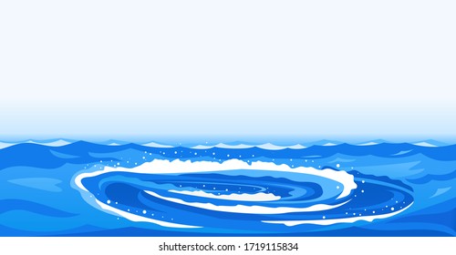 Whirlpool mit Spiraldrehungen auf Wasserhintergrund, starke Whirlpool-Wellen mit Splash und Schaum im Ozean, gefährliches Naturphänomen