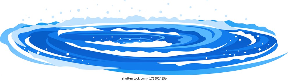 Whirlpool with spiral twists on water in side view isolated illustration, powerful whirlpool waves with splashes and foam in blue water, dangerous nature phenomenon