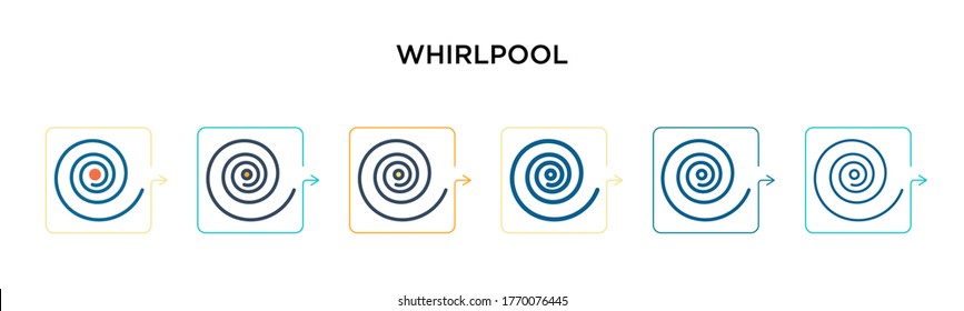 Whirlpool Vektorsymbol in 6 verschiedenen modernen Stilen. Schwarze, zweifarbige Whirlpool-Icons, die in voller Umriss-, Linien- und Strichform entworfen wurden. Vektorgrafik kann für Web, Mobile, i