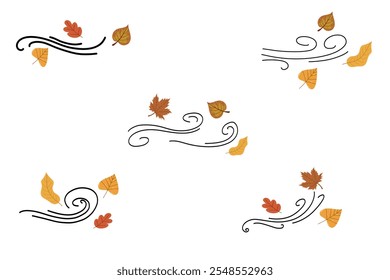 Whirls of wind with colorful autumn leaves. Collection isolated on white background.