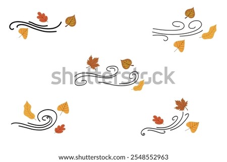 Whirls of wind with colorful autumn leaves. Collection isolated on white background.