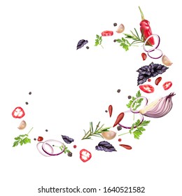 Whirlwind of flying spices and vegetables in a circle. Onions, peppers, herbs. Vector realistic illustration isolated on white background.