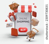 Whirlwind of gifts, shopping carts, baskets, paper bags, credit cards. Creative advertising with realistic elements thrown into air. Phone application. Opening of new store