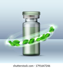 Whirlwind Of Green Leaves Swirls Around Transparent Glass Ampule With Vaccine Or Drug For Medical Treatment. Pharmaceutical Vector Symbol For Pharmastore, Homeopathic And Alternative Medicine. Vector