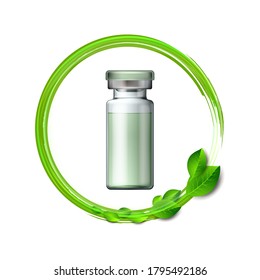 Whirlwind of green leaves swirls around Transparent glass ampule with vaccine or drug for medical treatment. Pharmaceutical vector symbol for pharmastore, homeopathic and alternative medicine. Vector