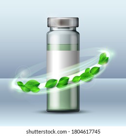 Whirlwind Of Green Leaves Swirls Around Transparent Glass Ampule With Vaccine Or Drug For Medical Treatment. Pharmaceutical Vector Symbol For Pharmastore, Homeopathic And Alternative Medicine. Vector