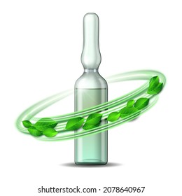 Whirlwind Of Green Leaves Swirls Around Transparent Glass Ampule With Vaccine Or Drug For Medical Treatment. Pharmaceutical Vector Symbol For Pharmastore, Homeopathic And Alternative Medicine. Vector