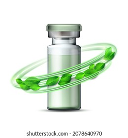 Whirlwind Of Green Leaves Swirls Around Transparent Glass Ampule With Vaccine Or Drug For Medical Treatment. Pharmaceutical Vector Symbol For Pharmastore, Homeopathic And Alternative Medicine. Vector