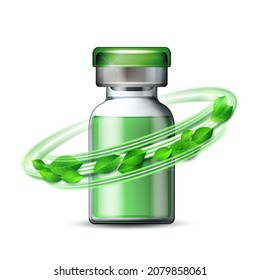 Whirlwind Of Green Leaves Swirls Around Transparent Glass Ampule With Vaccine Or Drug For Medical Treatment. Pharmaceutical Vector Symbol For Pharmastore, Homeopathic And Alternative Medicine. Vector