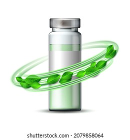 Whirlwind Of Green Leaves Swirls Around Transparent Glass Ampule With Vaccine Or Drug For Medical Treatment. Pharmaceutical Vector Symbol For Pharmastore, Homeopathic And Alternative Medicine. Vector