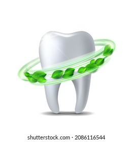 Whirlwind of green leaves swirls around white shiny tooth. Teeth protection, tooth care dental medical concept. Vector illustration isolated on white