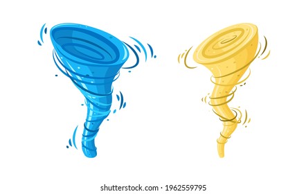 Whirlwind Sandstorm And Whirlpool Tsunami. Dust Storm And Water Vortex Isolated In White Background. Cartoon Vector Illustration