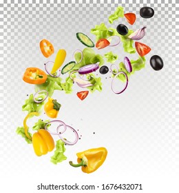 Whirlwind of vegetable salad. Lettuce, olives, onions, tomatoes, yellow bell pepper. Greek salad. The recipe for vegetarian food. Vector illustration.