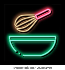 whisk and bowl neon light sign vector. Glowing bright icon whisk and bowl sign. transparent symbol illustration