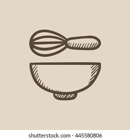 Whisk and bowl vector sketch icon isolated on background. Hand drawn Whisk and bowl icon. Whisk and bowl sketch icon for infographic, website or app.