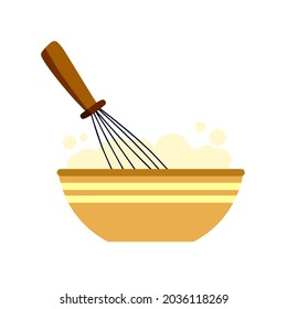 Whisk for cooking. Whipping up food. Kitchen utensils. Tool for blend ingredient in bowl or plate. Production of confectionery and pastries. Flat cartoon
