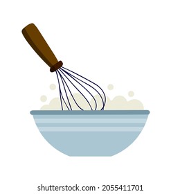 Whisk for cooking. Whipping up food. Kitchen utensils. Tool for blend ingredient in bowl or plate. Production of confectionery and pastries. Flat cartoon