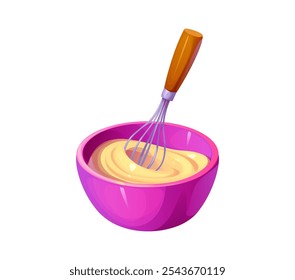 Whisk and cream whipping for food cooking process and preparation, vector icon. Whisking cream or sauce with whisk and bowl, baking kitchenware or bakery utensil appliance for pastry preparation