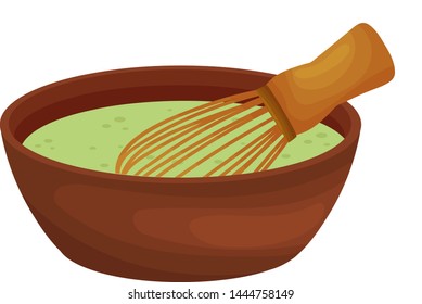 Whisk in a cup with green batter. Vector illustration on white background.