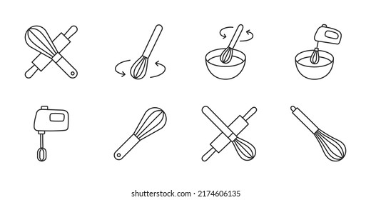 Whisk doodle illustration including icons - rolling pin, mixer, bowl. Thin line art about dough. Editable Stroke