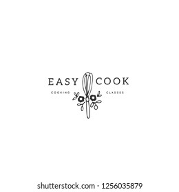 Whisk with flowers, vector hand drawn logo template. Kitchen and food theme. Isolated symbol for business branding and identity, for food blogs and websites, for cooking classes.