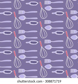 Whisk, fork, spoon and scoop. Seamless pattern with kitchen utensils. Hand-drawn sketch background. Vector illustration.  - Shutterstock ID 308871719