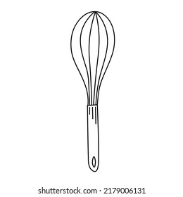 Whisk in hand drawn style isolated on white background for poster, label or bakery shop menu, baking stuff sketch in linear style