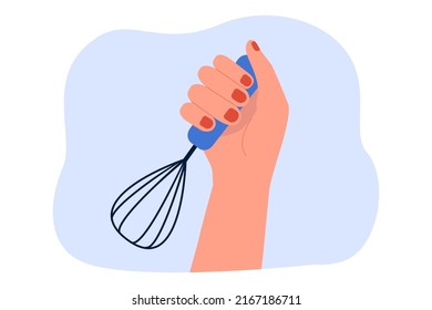 Whisk in human hands flat vector illustration. Woman making food, using tool for mixing ingredients. Kitchenware, kitchen utensils, bakery concept for banner, website design or landing web page