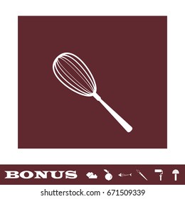 Whisk icon flat. White pictogram on brown background. Vector illustration symbol and bonus icons