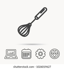 Whisk icon. Kitchen tool sign. Kitchenware whisking beater symbol. Notebook, Calendar and Cogwheel signs. Download arrow web icon. Vector