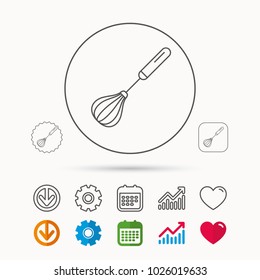 Whisk icon. Kitchen tool sign. Kitchenware whisking beater symbol. Calendar, Graph chart and Cogwheel signs. Download and Heart love linear web icons. Vector