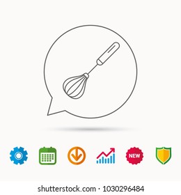 Whisk icon. Kitchen tool sign. Kitchenware whisking beater symbol. Calendar, Graph chart and Cogwheel signs. Download and Shield web icons. Vector