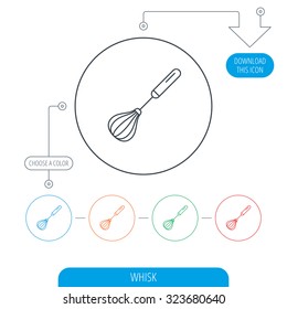 Whisk icon. Kitchen tool sign. Kitchenware whisking beater symbol. Line circle buttons. Download arrow symbol. Vector