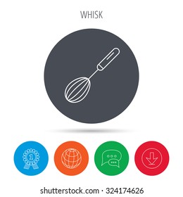 Whisk icon. Kitchen tool sign. Kitchenware whisking beater symbol. Globe, download and speech bubble buttons. Winner award symbol. Vector