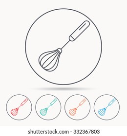 Whisk icon. Kitchen tool sign. Kitchenware whisking beater symbol. Linear circle icons.