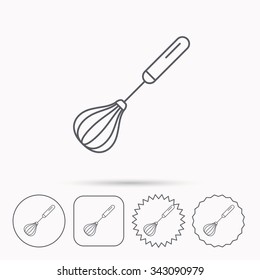 Whisk icon. Kitchen tool sign. Kitchenware whisking beater symbol. Linear circle, square and star buttons with icons.