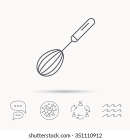 Whisk icon. Kitchen tool sign. Kitchenware whisking beater symbol. Global connect network, ocean wave and chat dialog icons. Teamwork symbol.