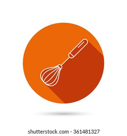 Whisk icon. Kitchen tool sign. Kitchenware whisking beater symbol. Round orange web button with shadow.