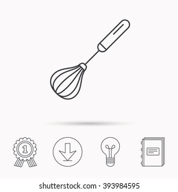 Whisk icon. Kitchen tool sign. Kitchenware whisking beater symbol. Download arrow, lamp, learn book and award medal icons.